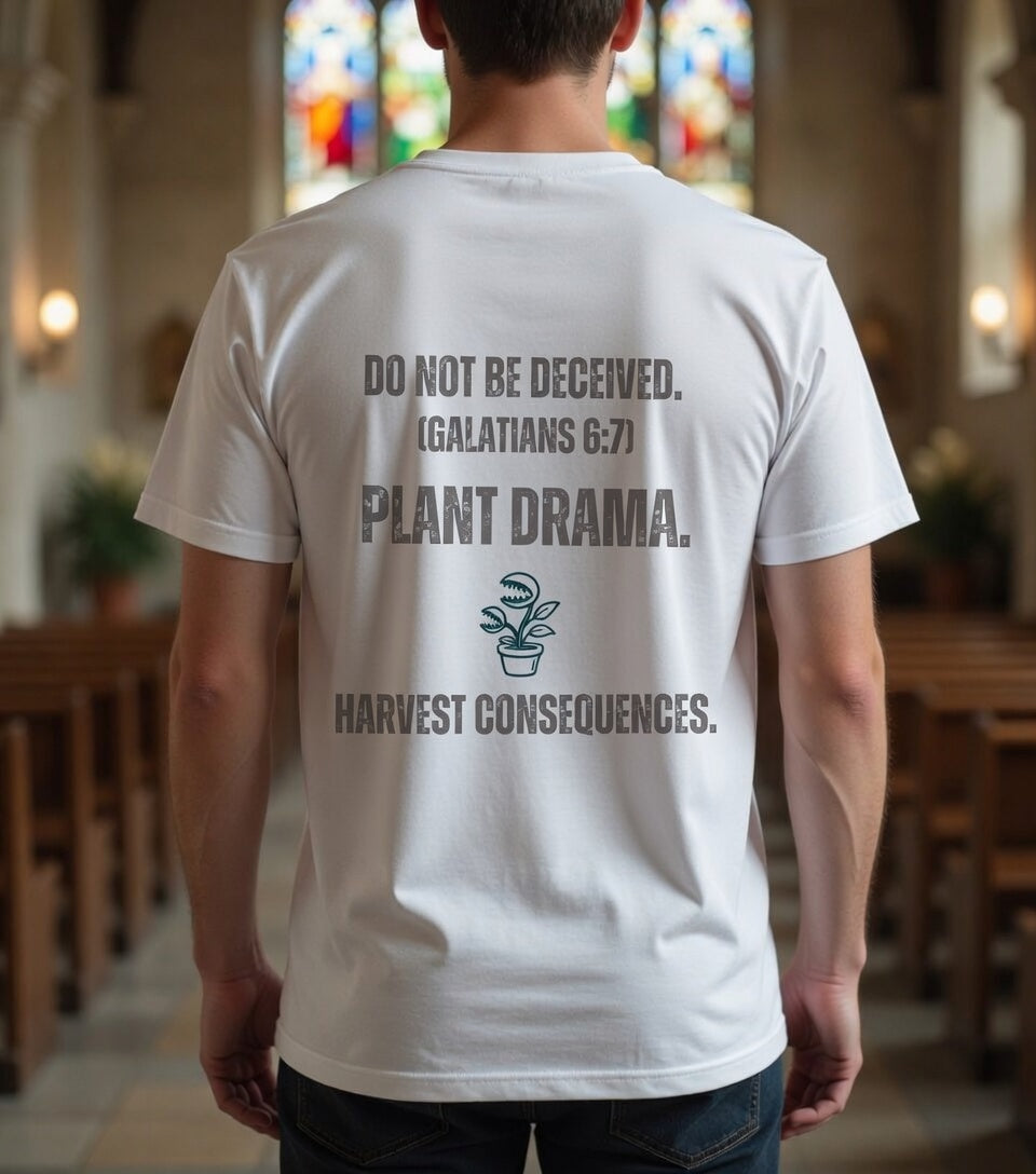 Plant Drama Christian T‑Shirt — “Do Not Be Deceived. (Galatians 6:7) Plant Drama. Harvest Consequences.” Crew Tee